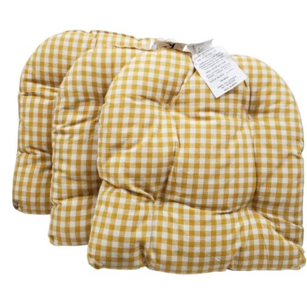 3 Thick Reversible Cushion Chair Pads w/ties(14x14")YELLOW & WHITE BUFFALO CHECK